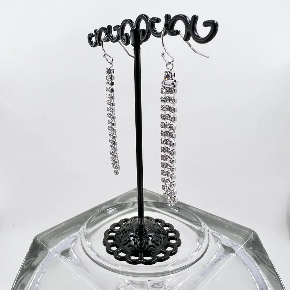 NWT - Indeed - Clear Rhinestone 3 Strand Dangle Silver Tone Fishhook Earrings - Picture 3 of 9